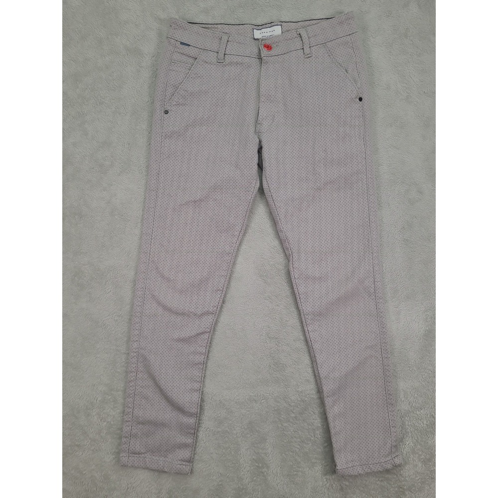 Zara Man Gray Micro Geometric Slim Fit Chino Pants Red Buttons Mens 30x26.5
